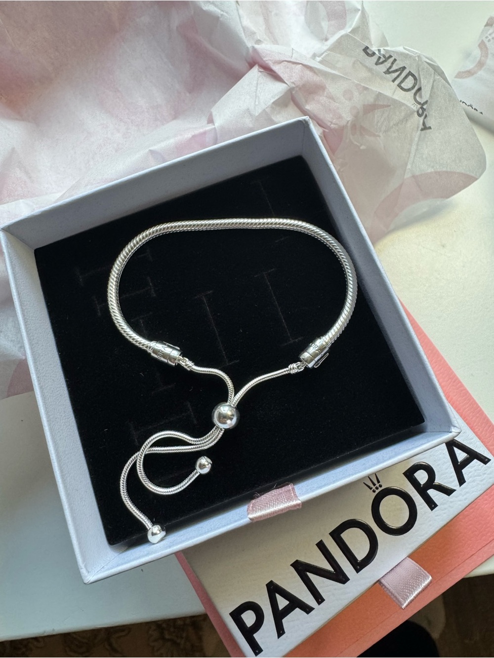 Pandora Sterling Silver adjustable Sliding Snake Chain Charm Bracelet